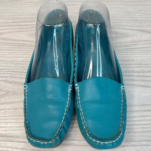 Westies Vtg Loafer Womens 8 Teal Leather Flat Slip On Round Toe White Stitching - Picture 2 of 11